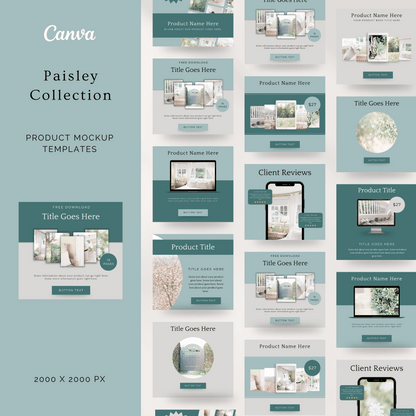 Blue and green Bundle Collection of Canva Templates. Ebook, Workbook, Presentation Slide Deck and Product Mockup Canva templates for female entrepreneurs.