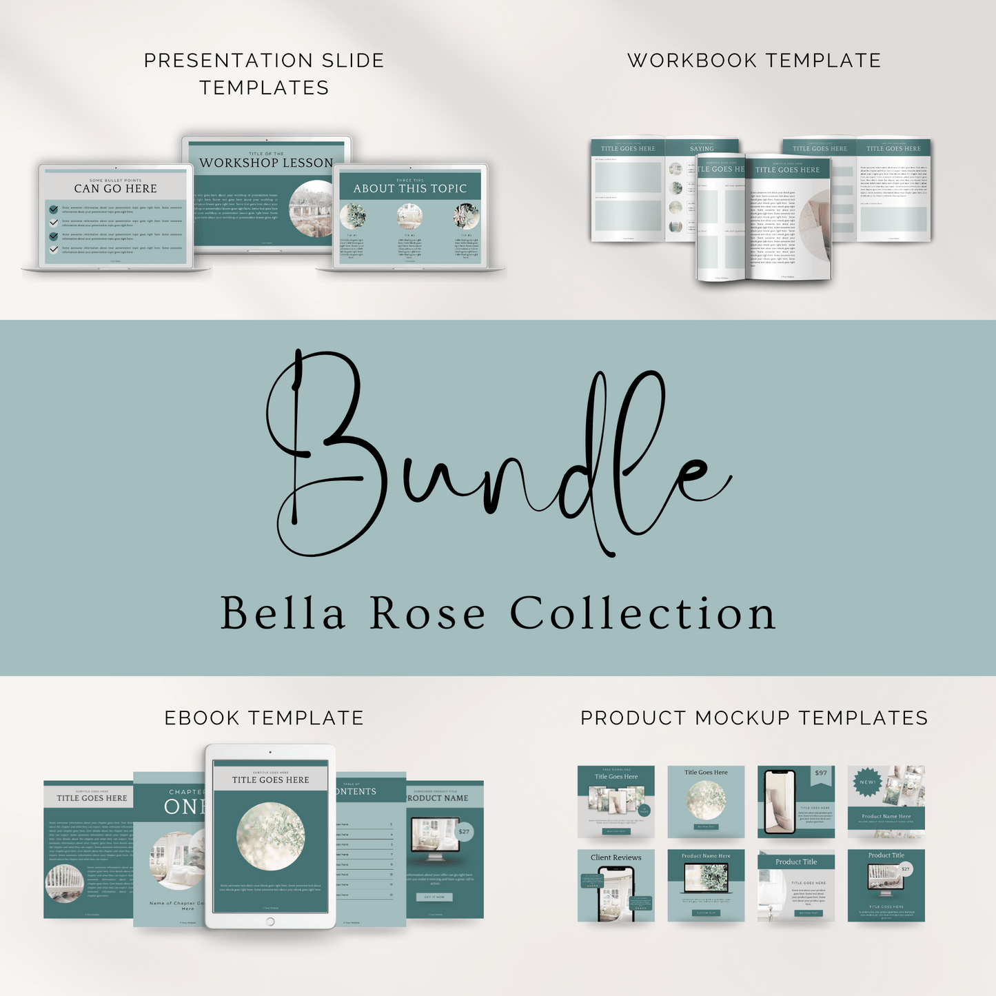Blue and green Bundle Collection of Canva Templates. Ebook, Workbook, Presentation Slide Deck and Product Mockup Canva templates for female entrepreneurs.