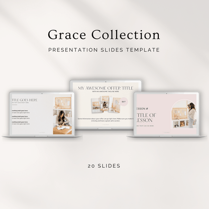 Grace Bundle Collection of Canva Templates. Ebook, Workbook, Presentation Slide Deck and Product Mockup Canva templates for female entrepreneurs.