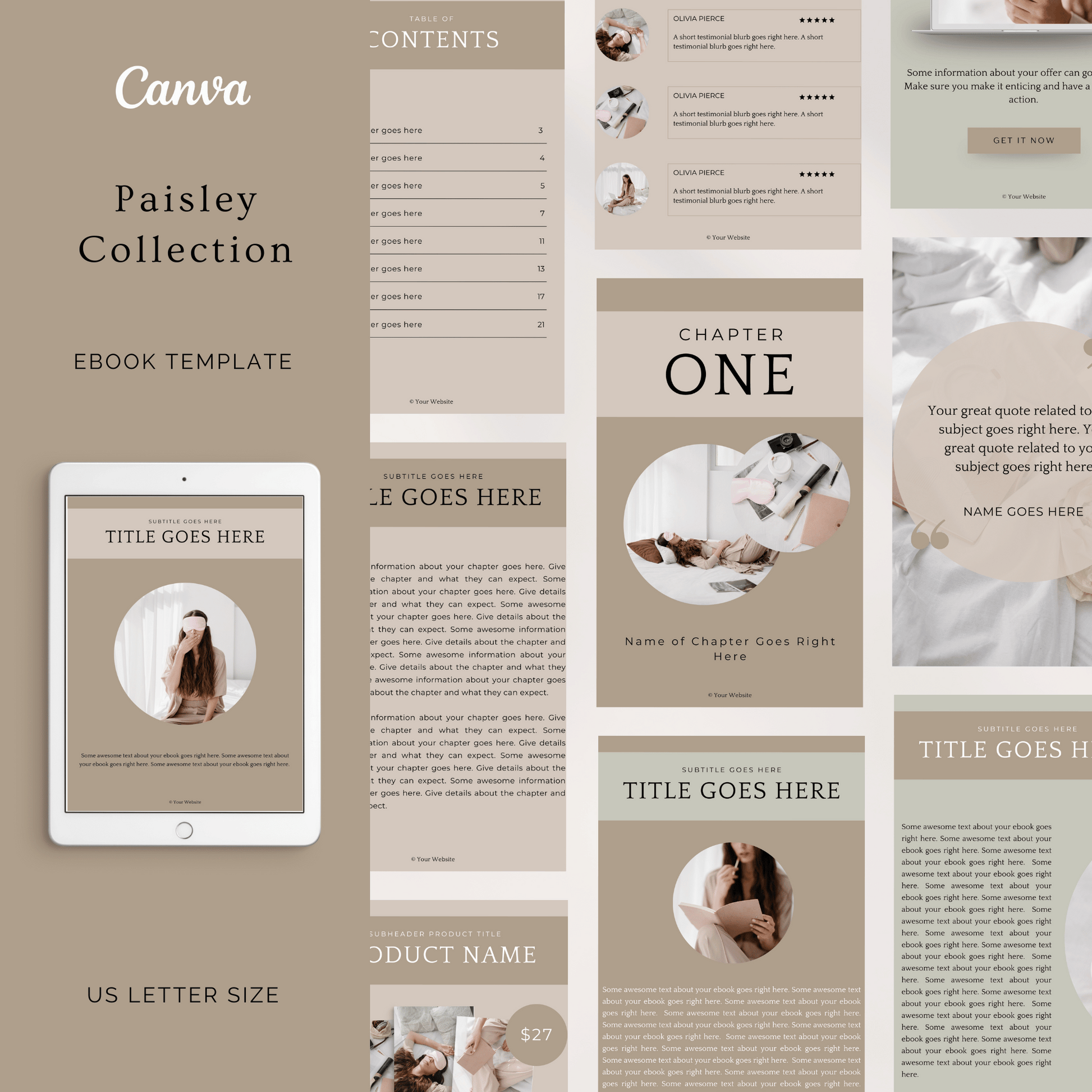 Neutral and earthy Bundle Collection of Canva Templates. Ebook, Workbook, Presentation Slide Deck and Product Mockup Canva templates for female entrepreneurs.